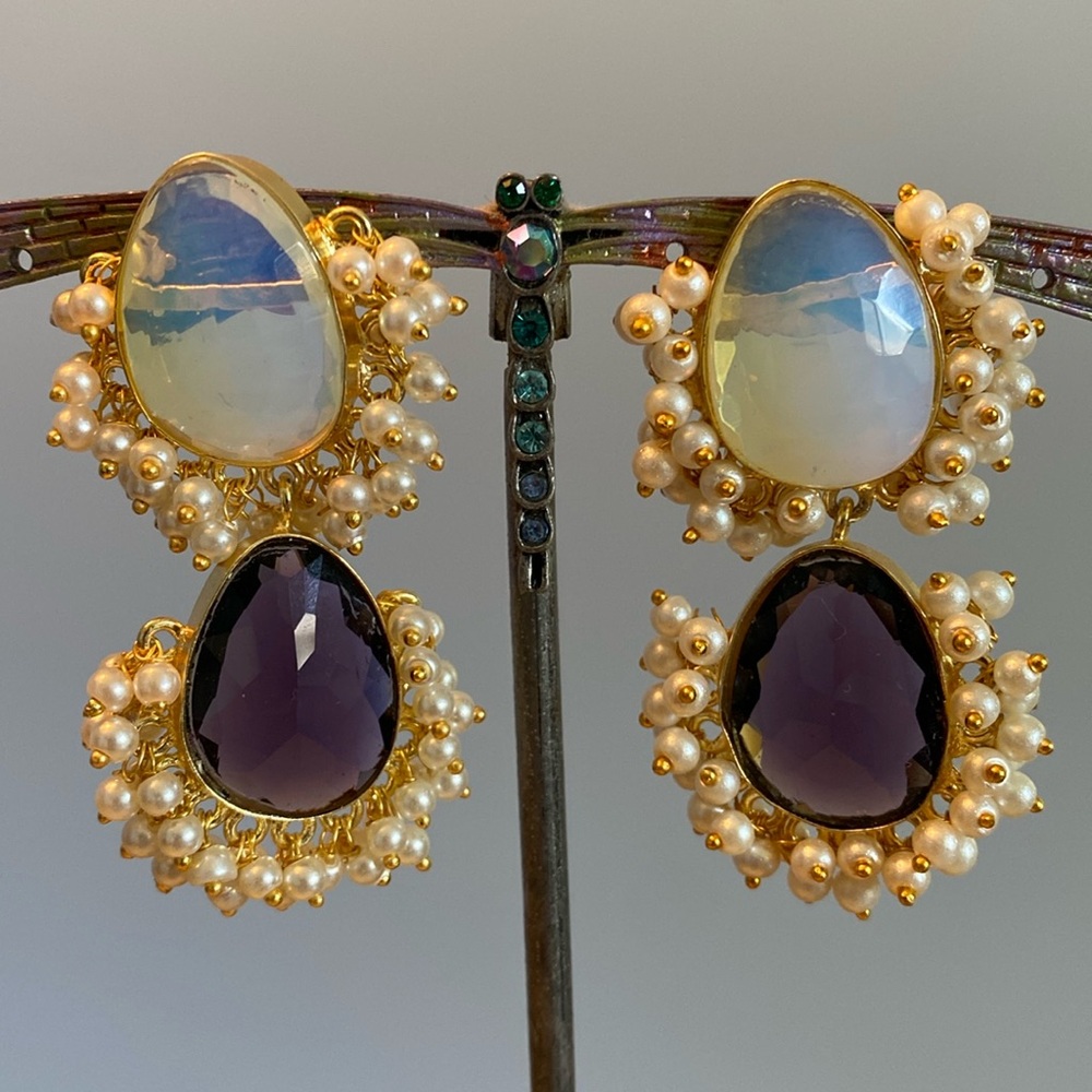 Statement Earrings in Faux Moonstone, Amethyst & Pearl